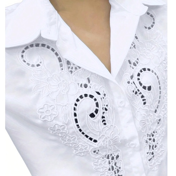 Plus White Floral Embroidered Cut out Button Down Shirt - Picture 5 of 5